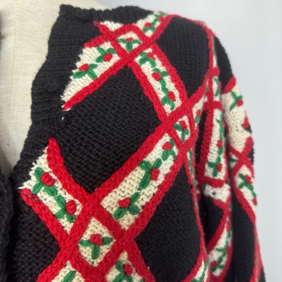 Vintage 90s Hand Knit Cardigan Sweater Christmas Holiday Oversized Small - Picture 2 of 9
